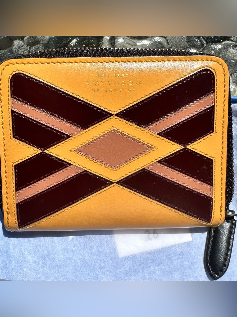 Smythson Yellow Leather Zip Wallet with Burgundy & Brown Geometric Inlays